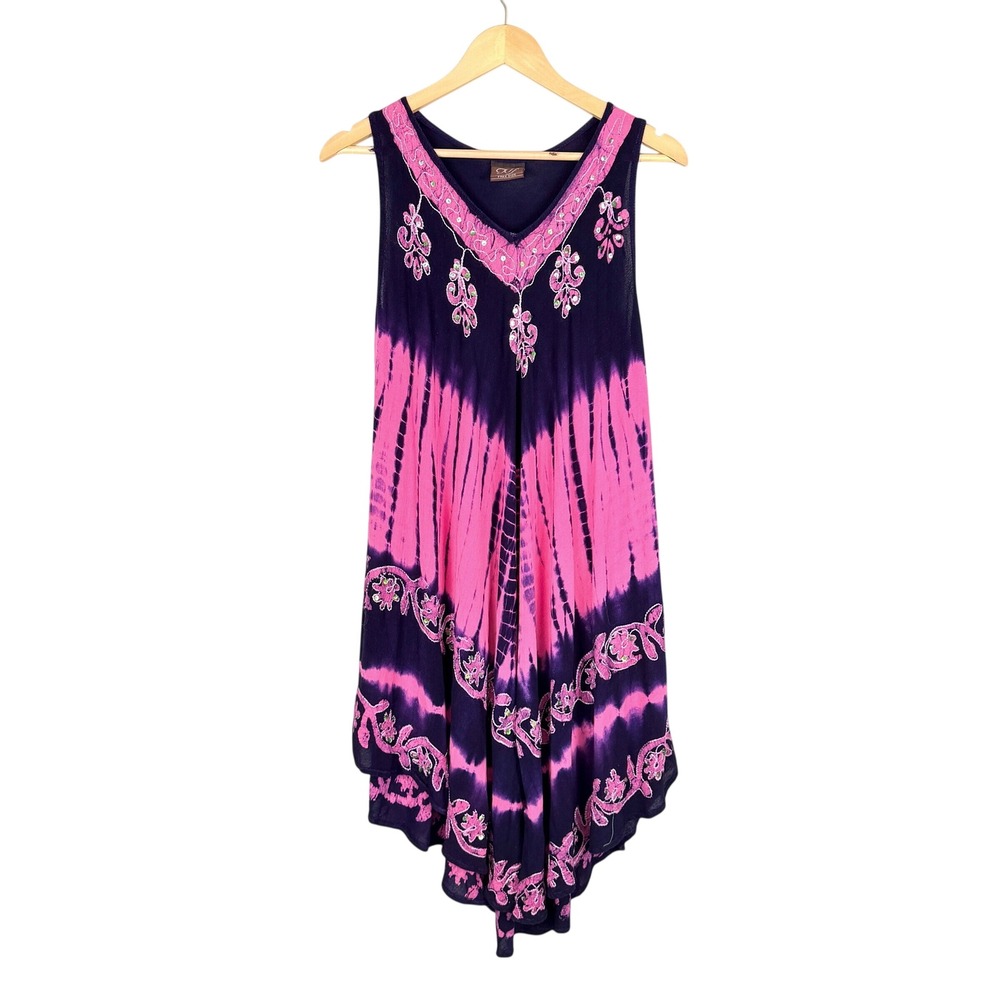 Vintage Boho Tie Dye Dress Free Size Pink Purple Handkerchief Embroidered Sequin